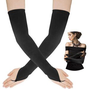 Women's Unique Black Satin Long Fingerless Elbow Length Gloves Party Costume